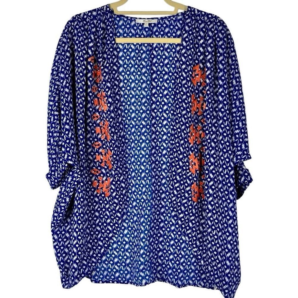 Miss Me Kimono Blue White Aztec Sheer Orange Embroidered Cardigan Small